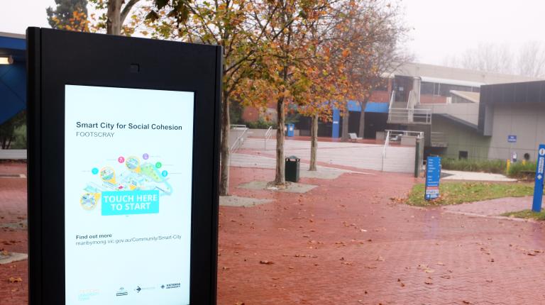 A digital kiosk, part of the Footscray Smart City project, located at VU's Nicholson campus