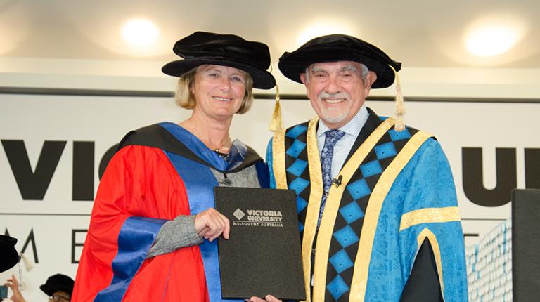 Dr Shane Gould with VU Chancellor George Pappas