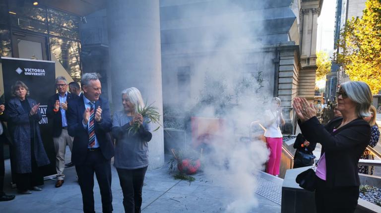 A smoking ceremony, attended by VU's Vice-Chancellor Adam Shoemaker, Karen Jackson, students and staff, marked the opening of the VU City Tower