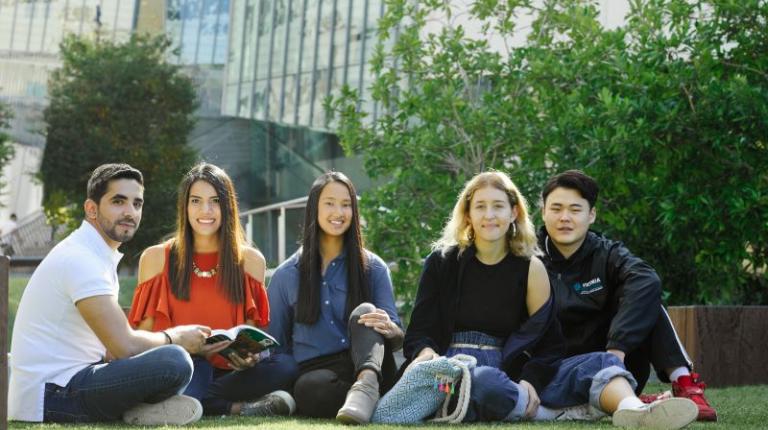 Students sitting on grass