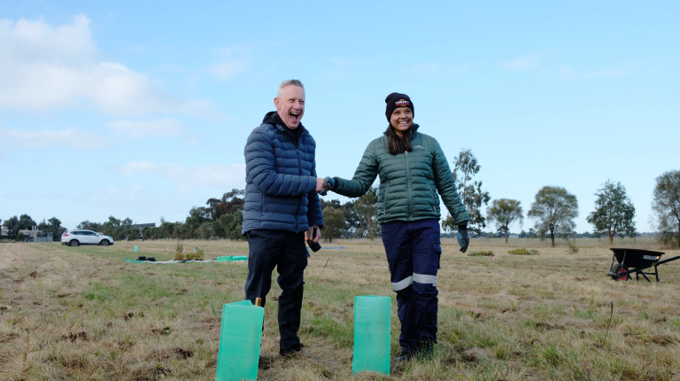 Vice Chancellor Professor Adam Shoemaker and VU Student Tahnee Towers at Community Tree Planting Day Vice Chancellor Professor Adam Shoemaker and VU Student Tahnee Towers plant the first tree.