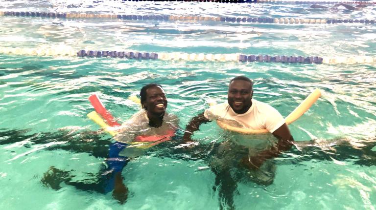 Two candidates of the VU Polytechnic Police Diversity Program hone their swimming skills.
