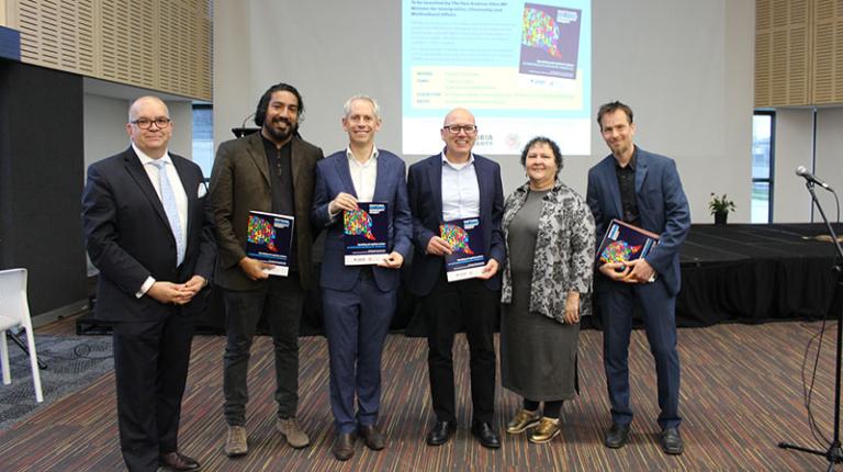 (L-R) Prof. Peter Radoll, Shankar Kasynathan, Hon. Andrew Giles MP, Emiliano Zucchi, Lisa Thorpe and Dr. Mario Peucker. Prof. Peter Radoll, Shankar Kasynathan, Hon. Andrew Giles MP, Emiliano Zucchi, Lisa Thorpe and Dr. Mario Peucker.