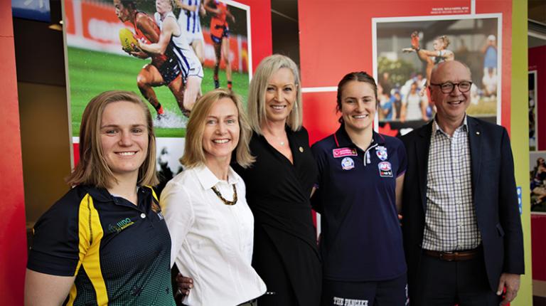 (L-R) Aoife Coghlan, Professor Clare Hanlon, Carol Fox, Ellyse Gamble and VU Vice-Chancellor Professor Peter Dawkins at the exhibition launch.