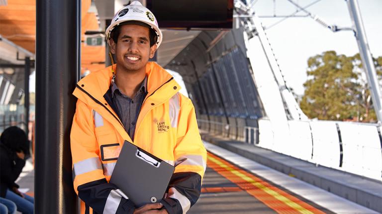  	VU Engineering graduate and Level Crossing Removal Authority employee Kav Dassanayake on site.