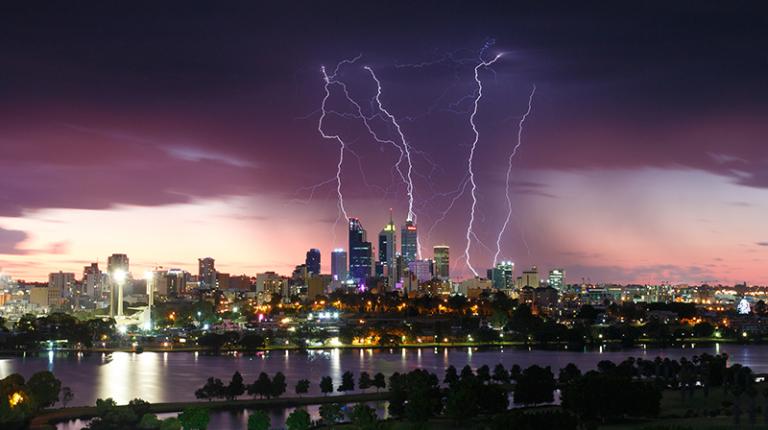 Lightning over a city.