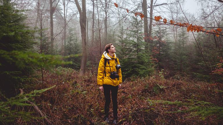  A person in a yellow jacket with a camera around their neck walks through a misty forest.