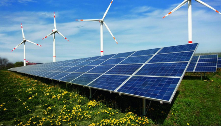 Renewable energy, wind turbines and solar panels.