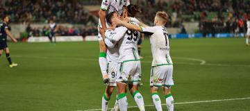  Western United celebrate their semi-final win against Melbourne Victory.