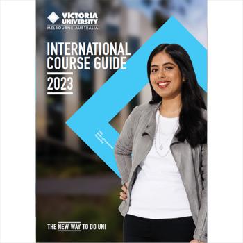  Cover of international course guide 2023, with female international student posing