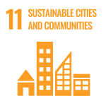 Text: 11 Sustainable Cities and communities; icon, city scape 