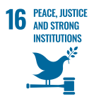 Text: 16, peace justice and strong institutions, icon, bird, olive branch and gavel 