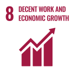 Text: 8 Decent Work and Economic Growth; icon graph with upward arrow