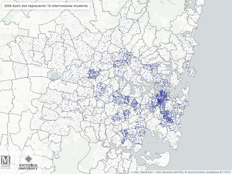 map of Sydney suburbs showing growth in international student numbers since 2006. Text alternative is provided under the heading 'Sydney map text alternative'