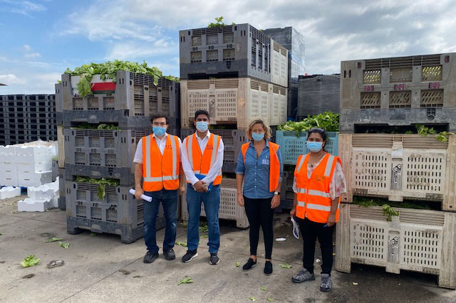  VU RISE team stand in front of produce packaging trays and boards. 